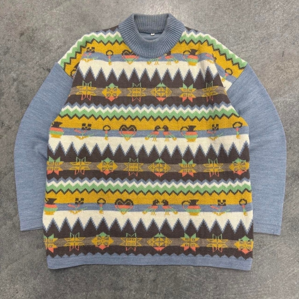 Wool Sweater Women's Blue Patterned Western Yellow Indie Aztec Medium